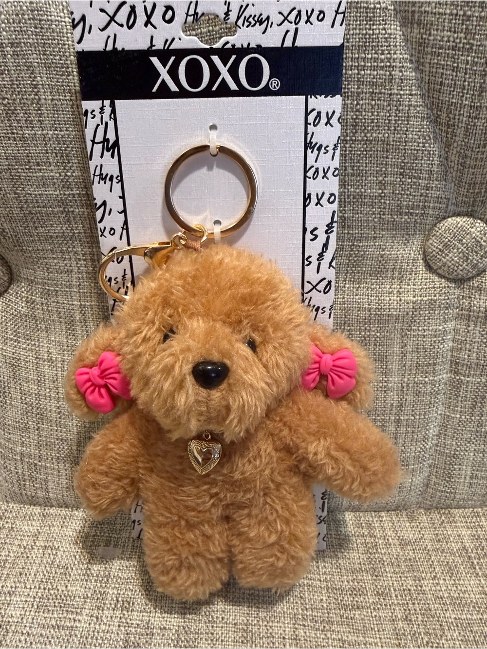 🐻 XOXO Tan Plush Teddy Bear Keychain and Bag Charm with Pink Bows & Gold Heart